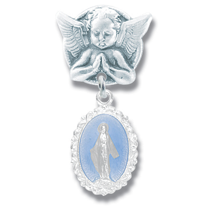 Silver Angel Baby Boy Pin with Fancy Border