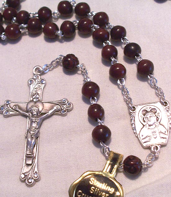 Sterling Silve Rosary with 6 mm Maroon Cocoa Wood Beads