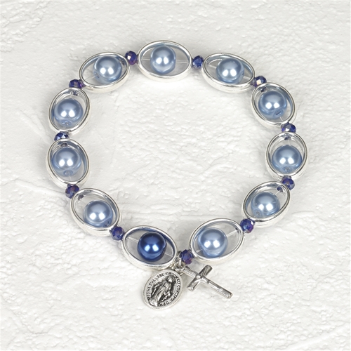 Stretch Faux Blue Pearl Rosary Bracelet
