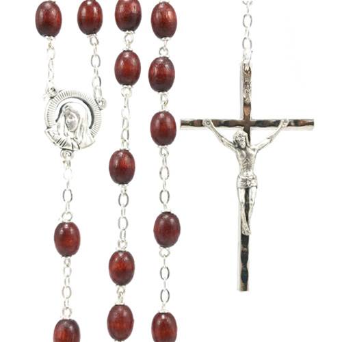25-Inch Silver Men&#39;s Rosary with Brown Beads