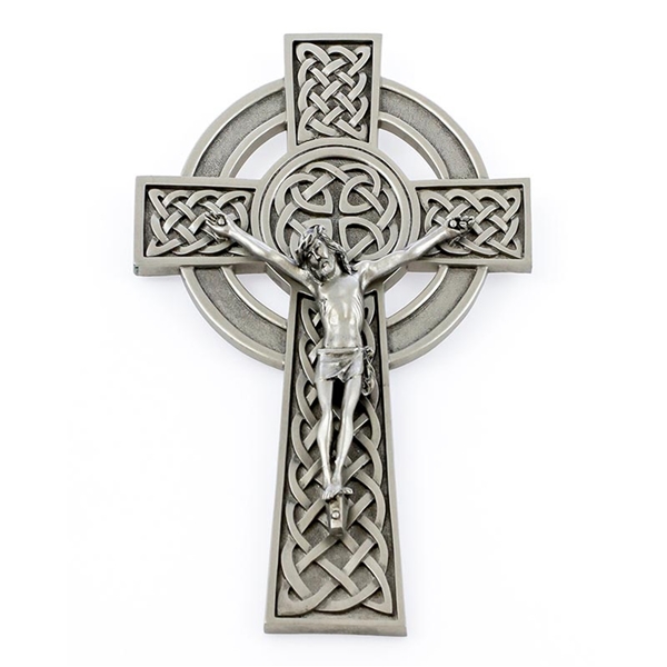 Fine Pewter Celtic Crucifix - Silver Finish - 8-Inch