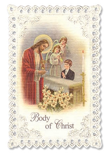 Kneeling Boy First Communion Lace Edged Holy Card
