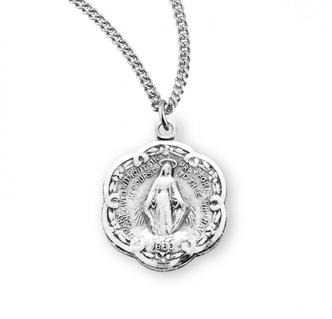 Round Shaped Sterling Silver Vintage Miraculous Medal on 18&quot; Chain