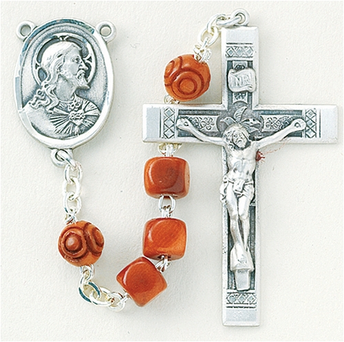 Sterling Silvery Rosary with Brown Square Genuine Cocoa Beads
