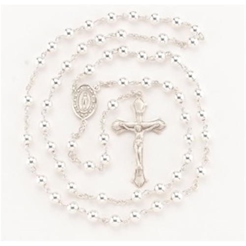 6mm Sterling Silver Plain Rosary, Boxed