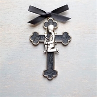 First Communion Black Enamel Cross with Boy 3.5"