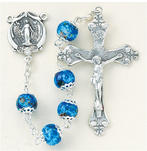 Blue Marble Double Capped Glass Bead Rosary