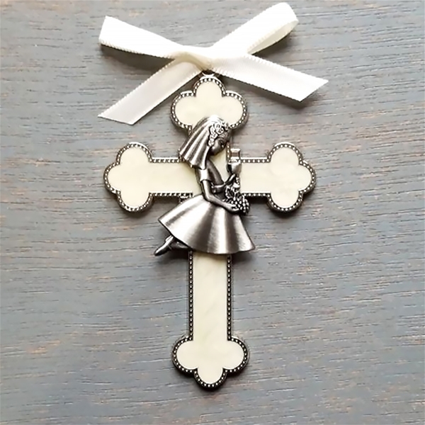 First Communion White Enamel Cross with Girl 3.5&quot;