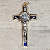 Saint Benedict Crucifix - Blue Enamel on Gold Cross - 2.25-Inch