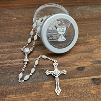 Oval White Glass First Communion Rosary with Box