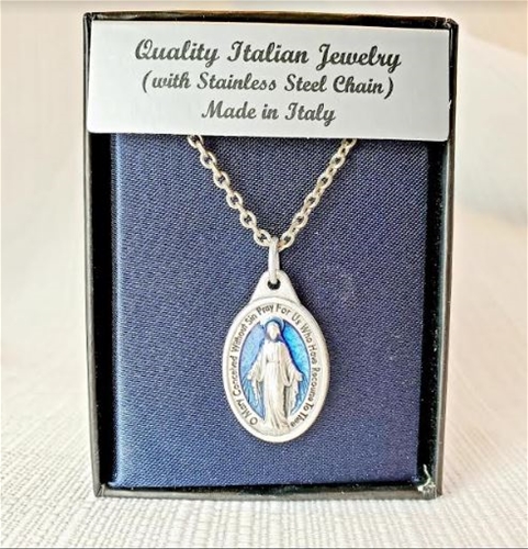 Blue Enamel Miraculous Medal on 18 Chain | Discount Catholic Products