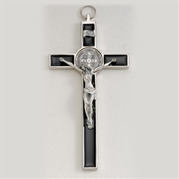 Saint Benedict Crucifix - Black Enamel on Silver Cross - 7.5-Inch