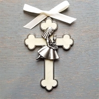 First Communion White Enamel Cross with Girl 3.5"
