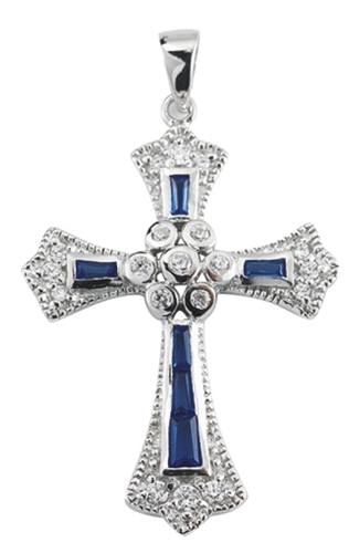 18-Inch Rhodium Plated Necklace with 4mm Sapphire Birthstone Beads and Sterling Silver Jerusalem Cross Charm. 