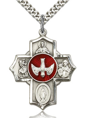 Sterling Silver 5 Way Confirmation Pendant with Red Enamel Center