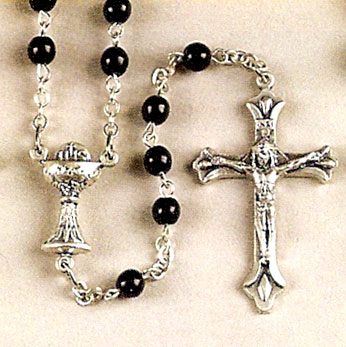 First Communion Black Glass Bead Rosary