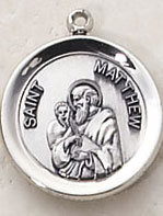 Sterling Silver Round Saint Matthew Medal with Chain