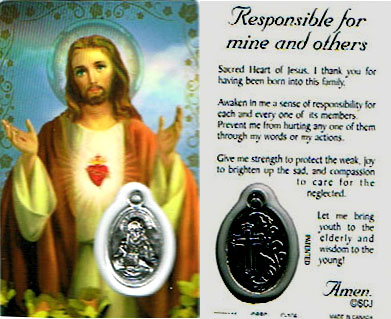 Sacred Heart Laminated Prayer Card  with Medal