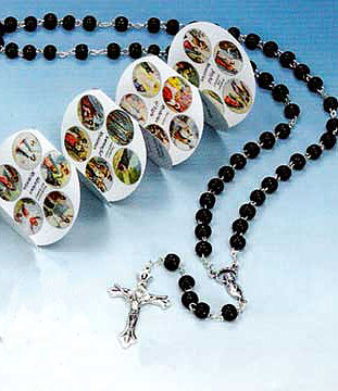 Black Rosary and Case With Mysteries Pamphlet