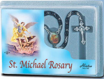 St Michael Black Wood Bead Rosary