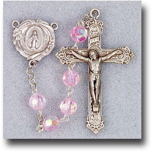 Tin Cut Crystal Beads-Light Rose Aurora Borealis Rosary