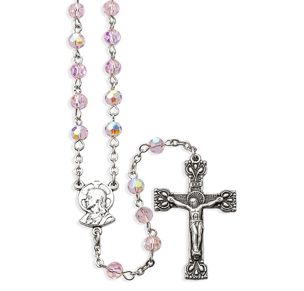 Pink Rosary with 5mm Crystal Beads in Velvet Box