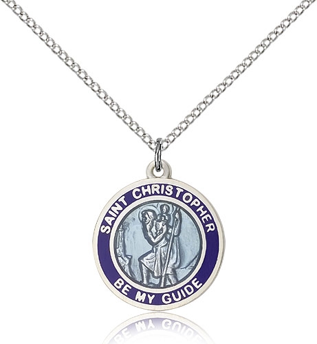 Blue Enamel Sterling Silver St Christopher Medal on 18 Inches Chain