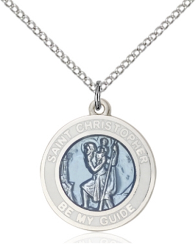 Blue Enamel St Christopher Medal on 18 Inches Chain