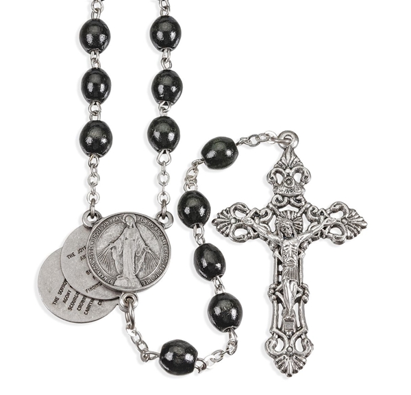 Italian Black Wood Rosary With Mysteries Center
