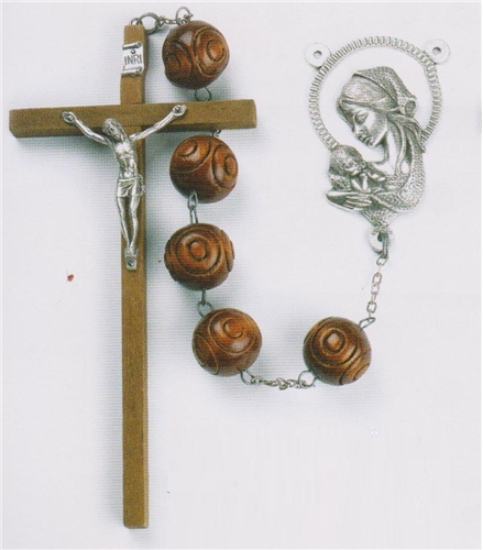 Brown Carved Wood Bead Rosary