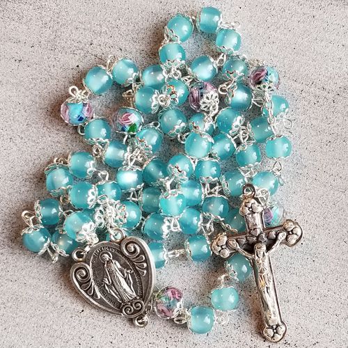 Light Blue Frosted Glass Bead Rosary