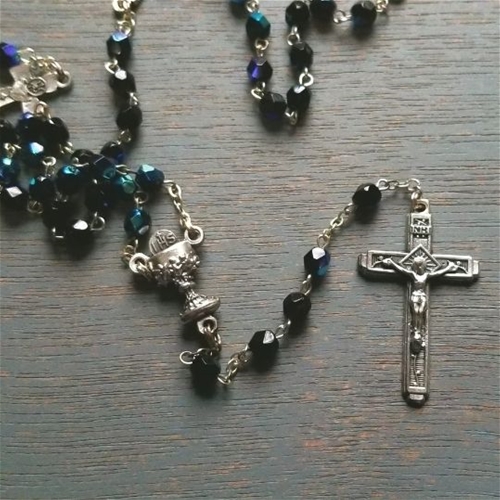 First Communion Black Glass Rosary With Chalice Cross Our Father Beads