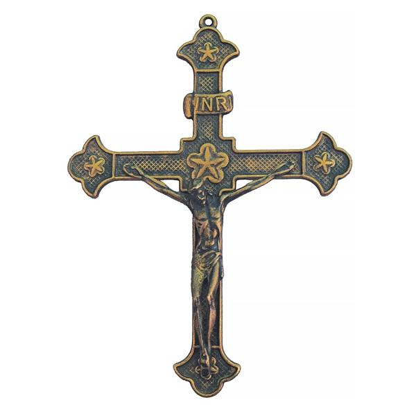 Green Patina Brass Crucifix - 8.25-Inch