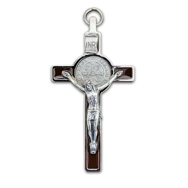 Saint Benedict Crucifix - Brown Enamel on Silver Cross - 3-Inch