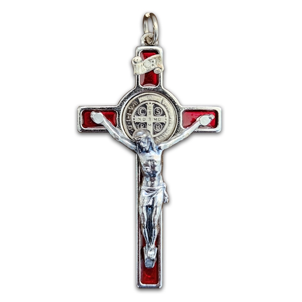 Saint Benedict Crucifix - Red Enamel on Silver Cross - 2.25-Inch