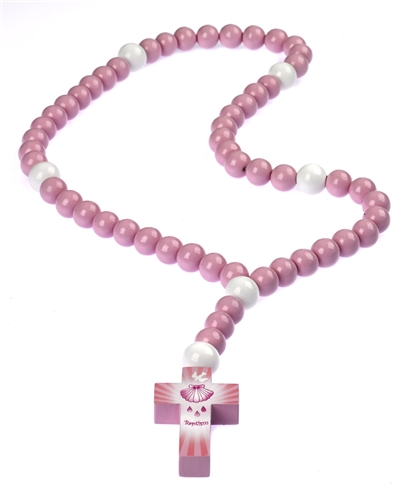 Large Pink Wood Baby Baptism Rosary in Gift Box