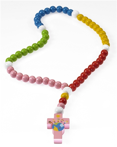 Large Pink Wood Children of the World Rosary in Gift Box