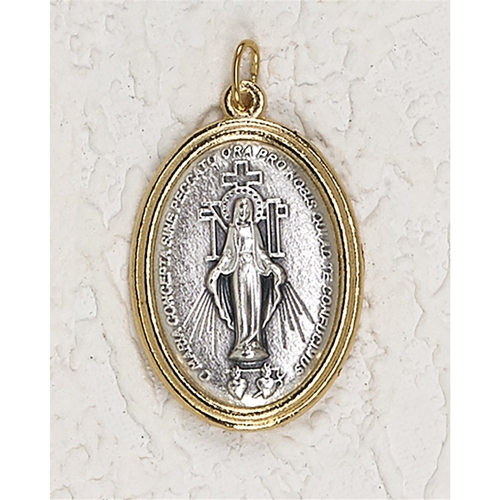 Miraculous Medal Gold and Silver Toned 1-1/2 inch Oval Medal with Pray for Us on back