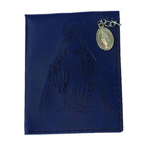 Dark Blue Lady of Grace Leather Rosary Pouch with Miraculous Medal