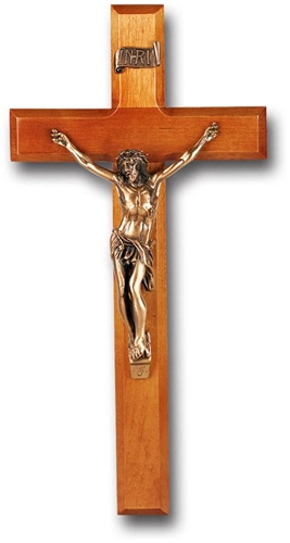 12-Inch Dark Cherry Wood &amp; Gold Wall Crucifix