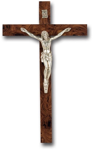 Italian Burl Wood and Antique Silver Crucifix - 12-Inch