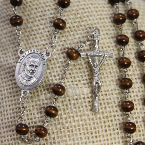 St. John Paul II Wood Bead Rosary with Prayer