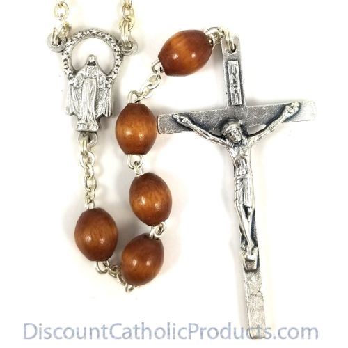 Silver Men&#39;s Rosary with Oval natural Wood Beads