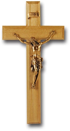 11-Inch Light Oak Wood &amp; Museum Gold Crucifix