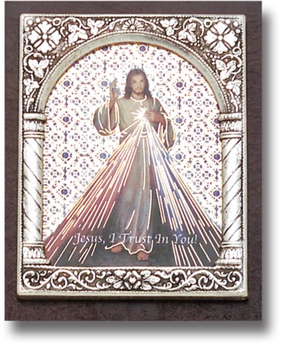 Divine Mercy Antique Silver Framed Italian Standing Plaque
