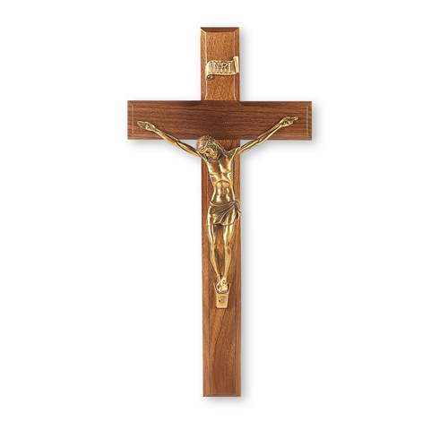 Walnut and Museum Gold Crucifix - 12-Inch