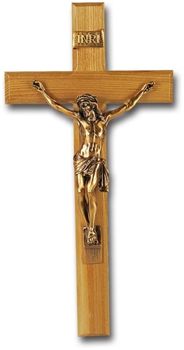 13-Inch Thick Oak &amp; Museum Gold Crucifix