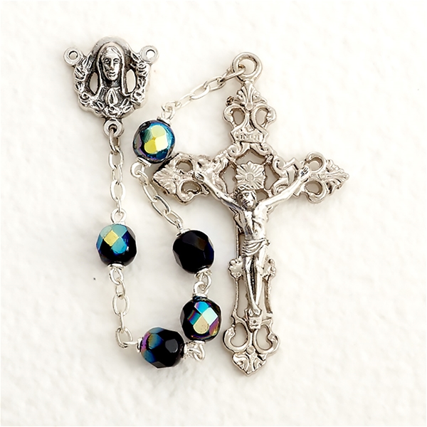 Aurora Borealis Glass Bead Rosary - Jet