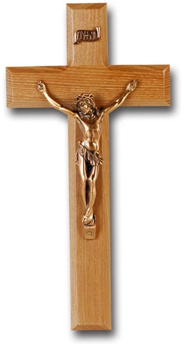 10-Inch Thick Oak &amp; Museum Gold Crucifix