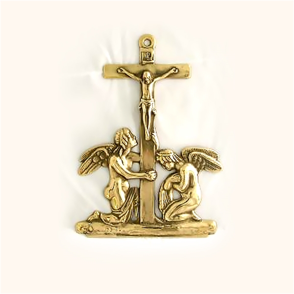 Gold Brass Crucifixion with Angels Plaque - 9-Inch